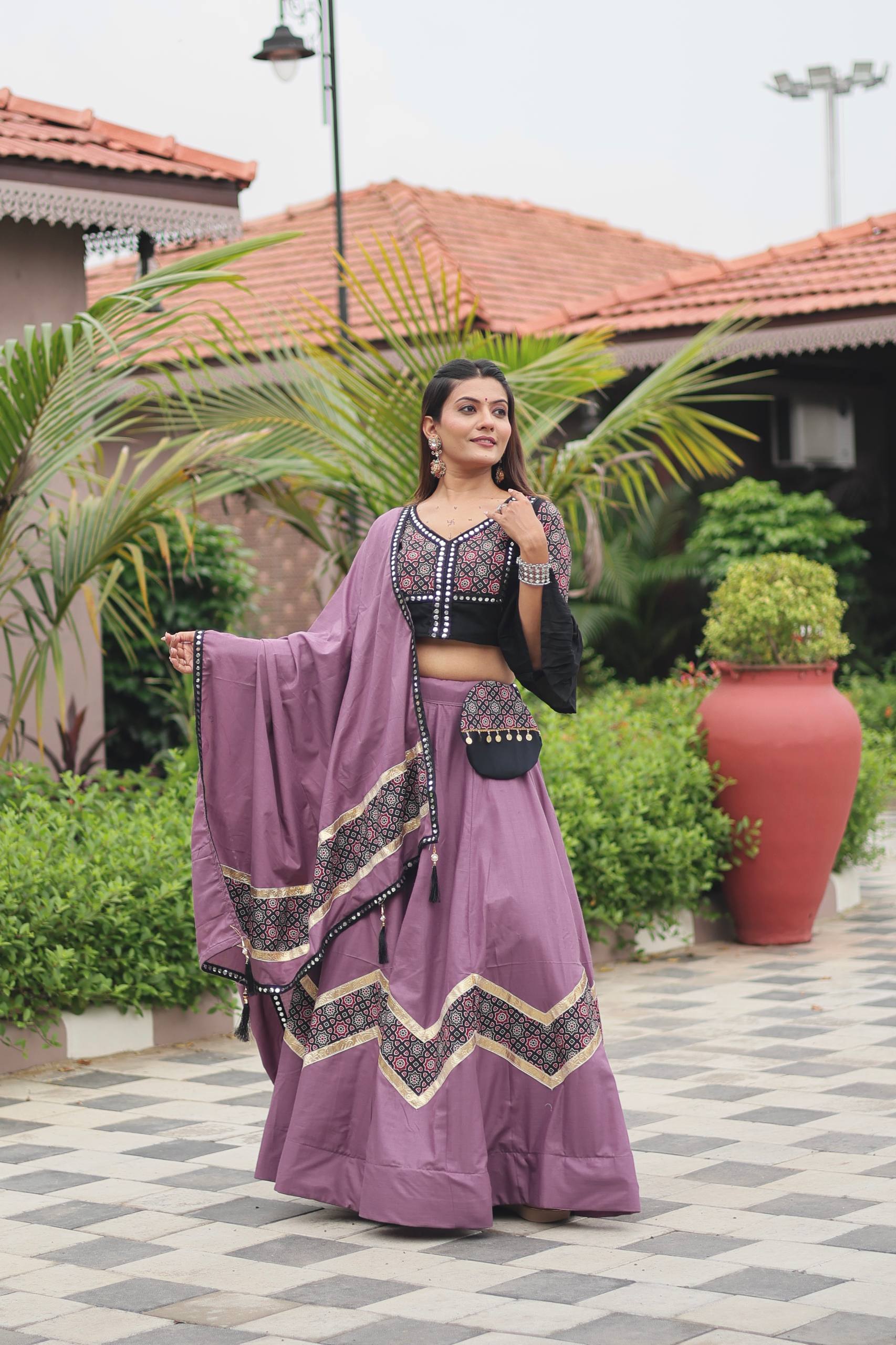 Navratri Special Ajrakh Cotton Lehenga Choli with Dupatta and Hand Purse