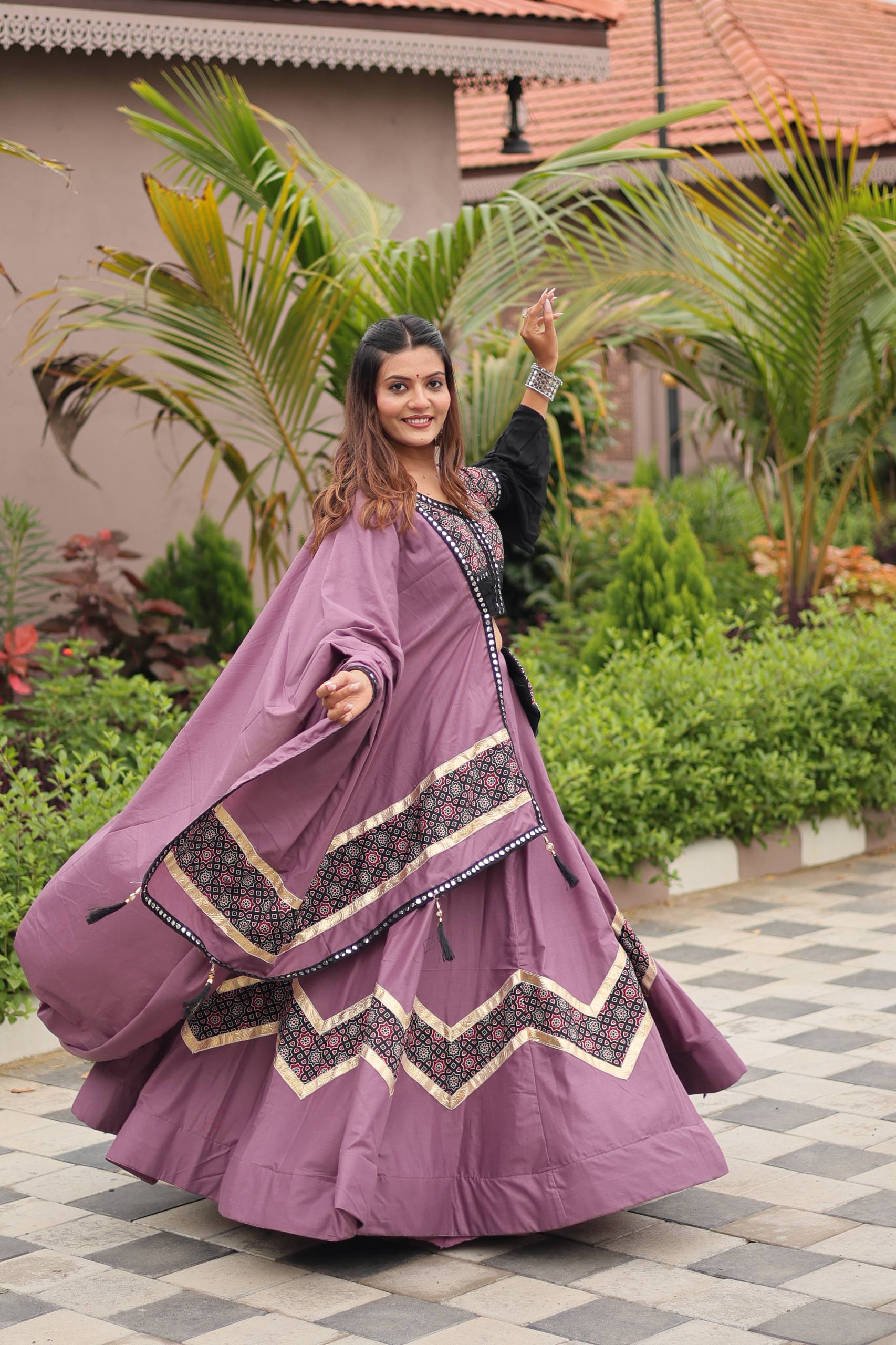 Navratri Special Ajrakh Cotton Lehenga Choli with Dupatta and Hand Purse