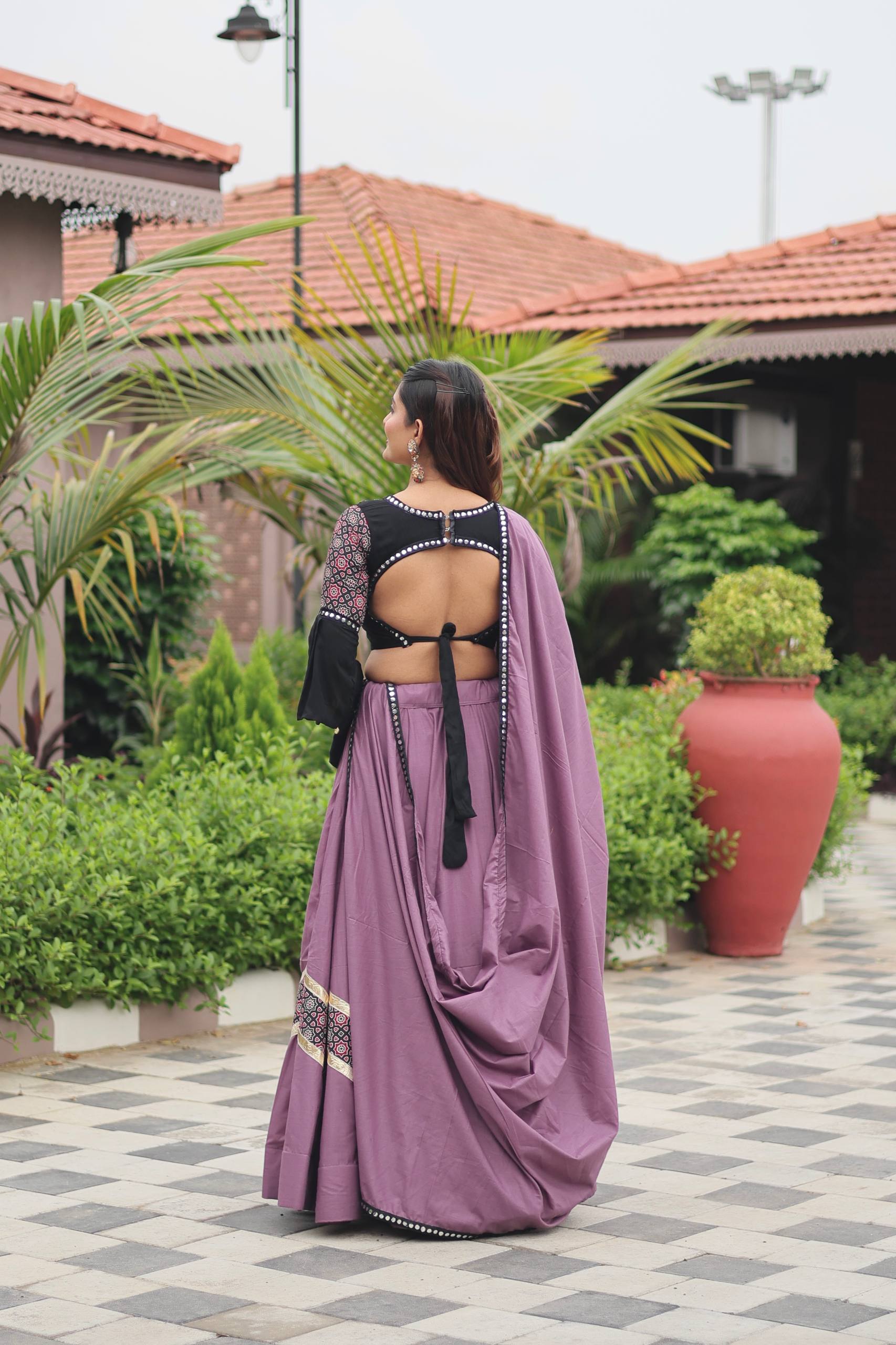 Navratri Special Ajrakh Cotton Lehenga Choli with Dupatta and Hand Purse