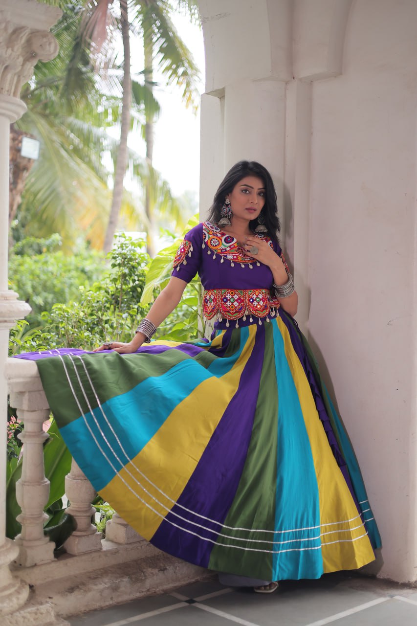 Navratri Special Roman Fabric Lehenga Choli with Gamthi Embroidery & Mirror Work