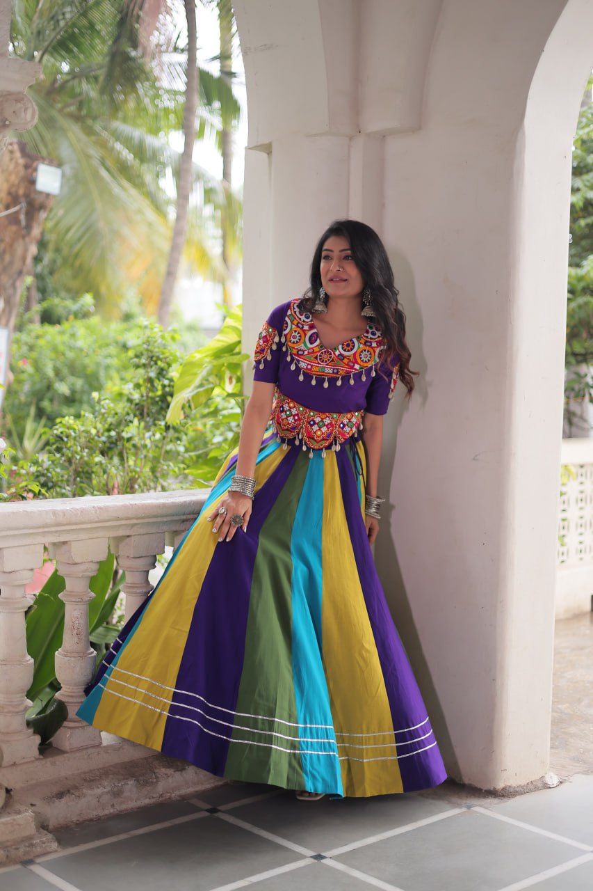 Navratri Special Roman Fabric Lehenga Choli with Gamthi Embroidery & Mirror Work