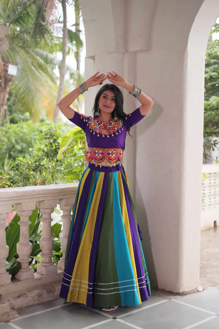 Navratri Special Roman Fabric Lehenga Choli with Gamthi Embroidery & Mirror Work