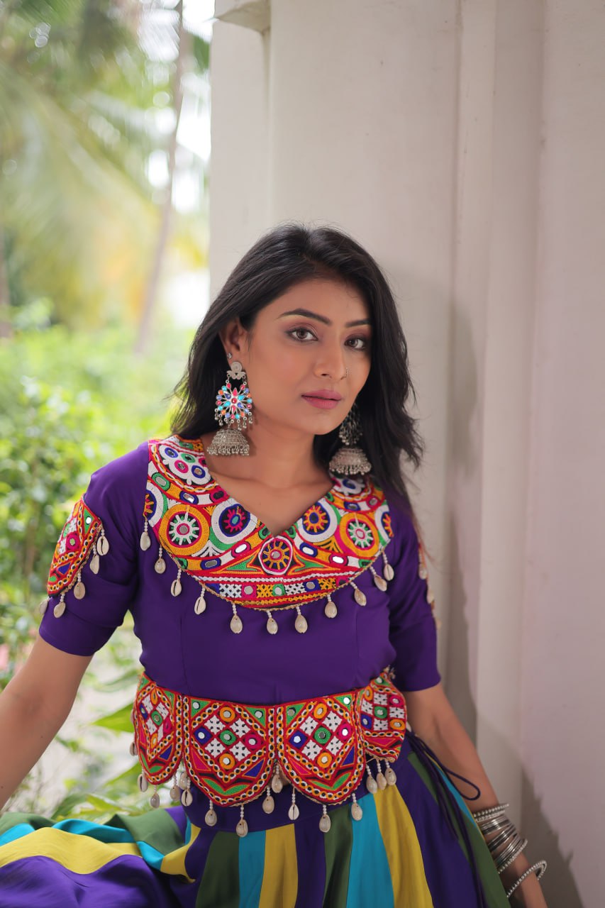 Navratri Special Roman Fabric Lehenga Choli with Gamthi Embroidery & Mirror Work
