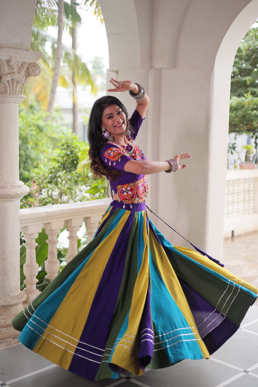 Navratri Special Roman Fabric Lehenga Choli with Gamthi Embroidery & Mirror Work