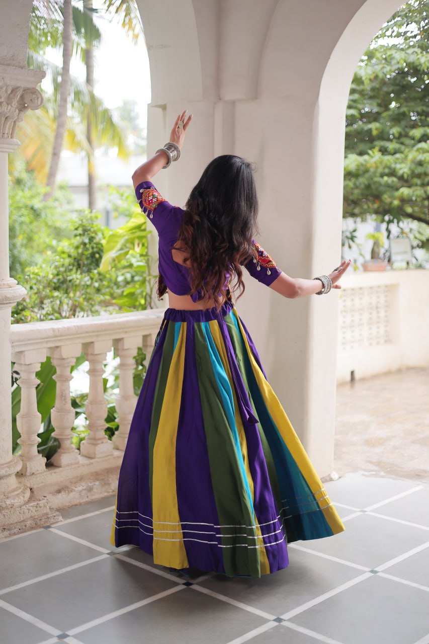 Navratri Special Roman Fabric Lehenga Choli with Gamthi Embroidery & Mirror Work