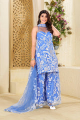 Butterfly Net Halter Neck Kurta Palazzo Set with Dupatta – Sequence Embroidery Work