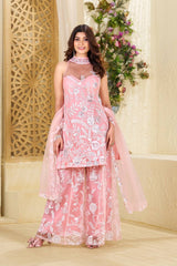 Butterfly Net Halter Neck Kurta Palazzo Set with Dupatta – Sequence Embroidery Work