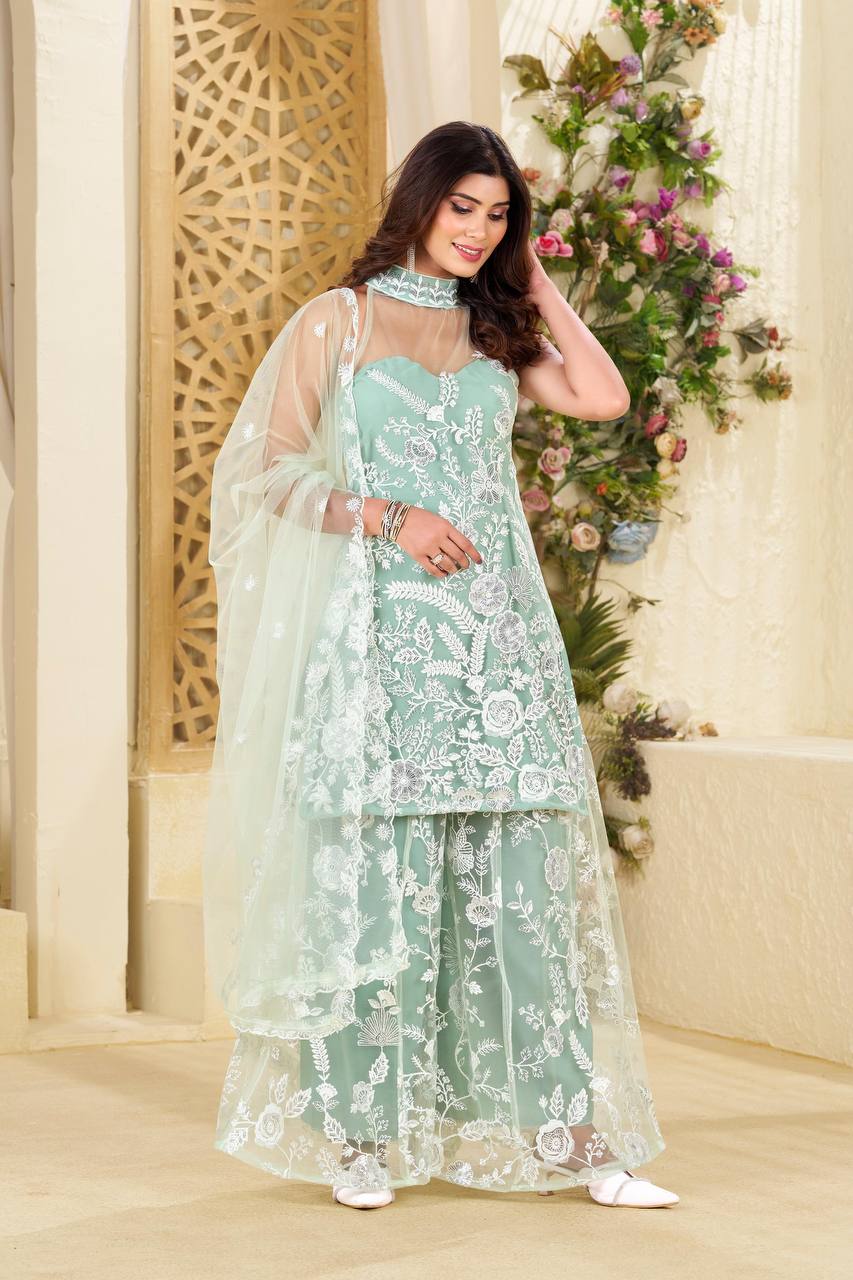 Butterfly Net Halter Neck Kurta Palazzo Set with Dupatta – Sequence Embroidery Work