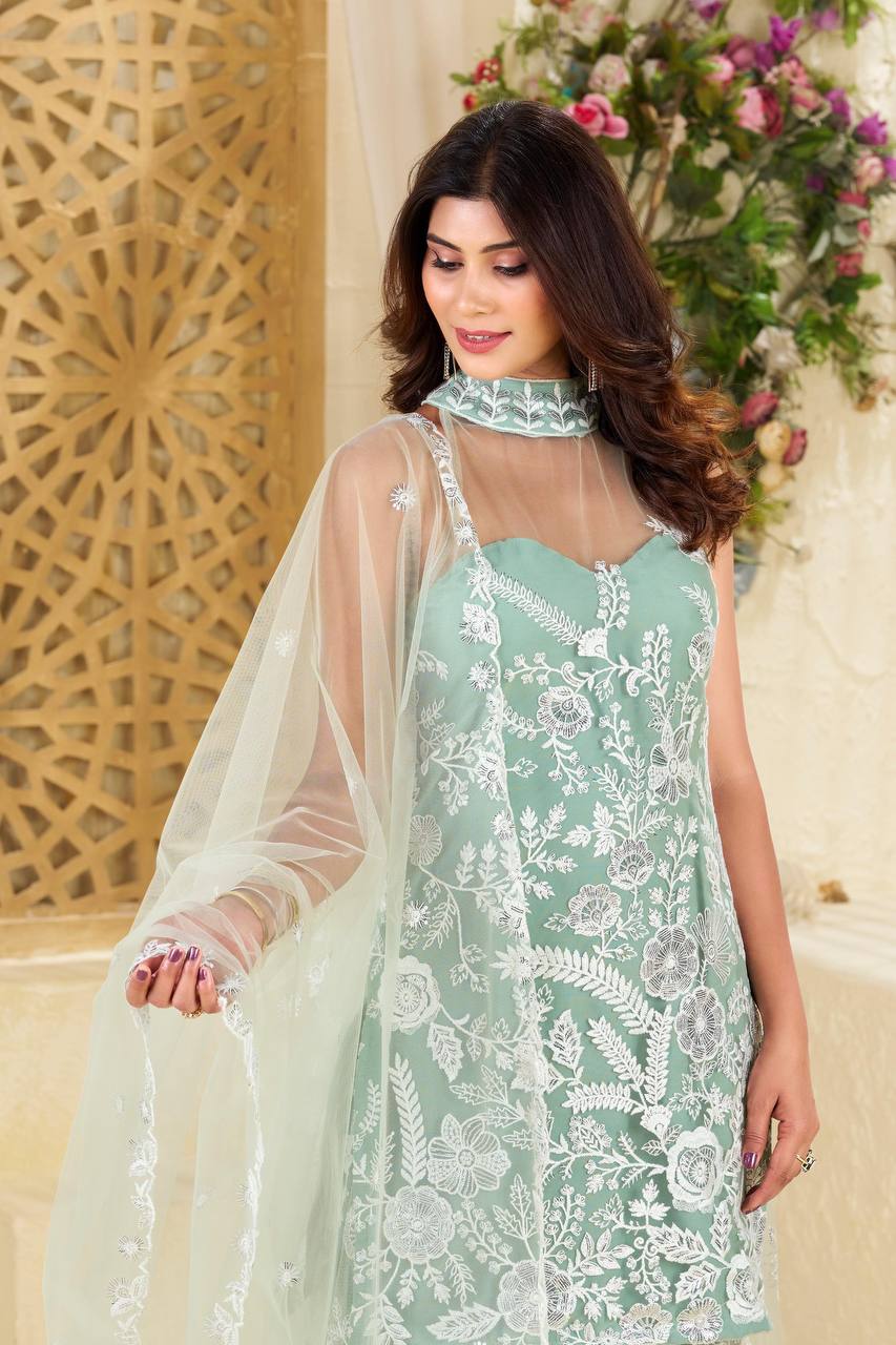 Butterfly Net Halter Neck Kurta Palazzo Set with Dupatta – Sequence Embroidery Work