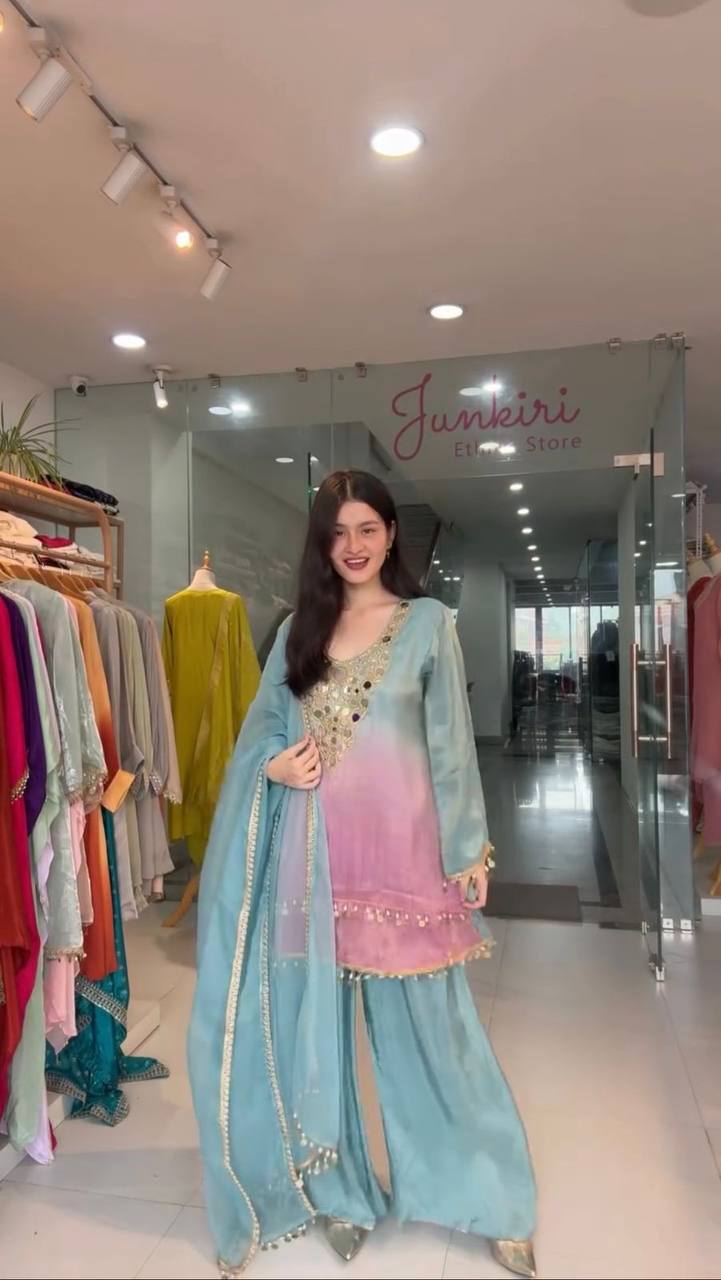 Exclusive Printed Crape Silk Palazzo Set with Dupatta – Mirror & Embroidery Work