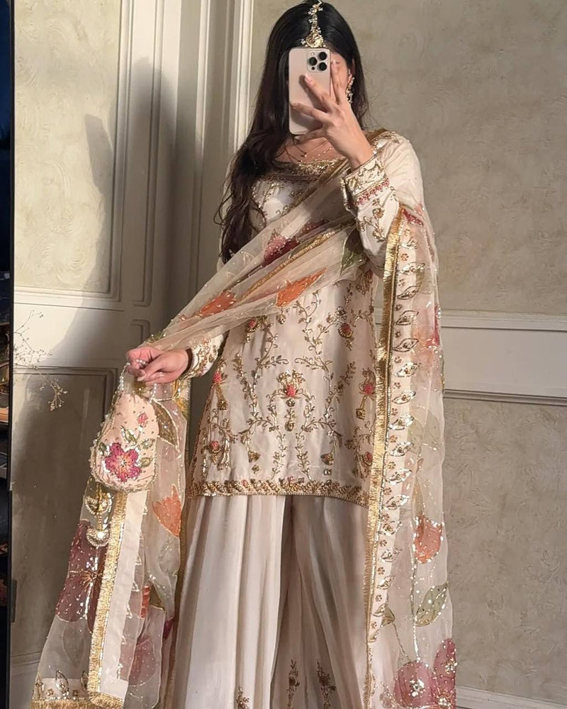 Exclusive Chinon Embroidered Suit with Plazzo & Organza Dupatta