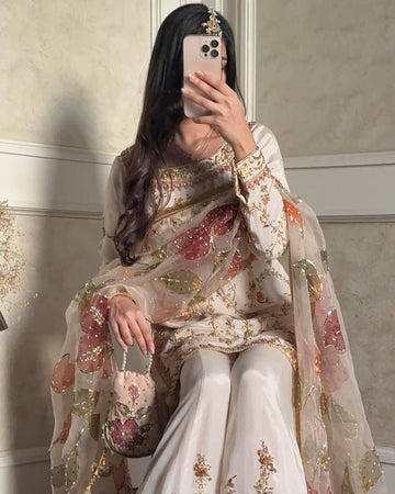 Exclusive Chinon Embroidered Suit with Plazzo & Organza Dupatta