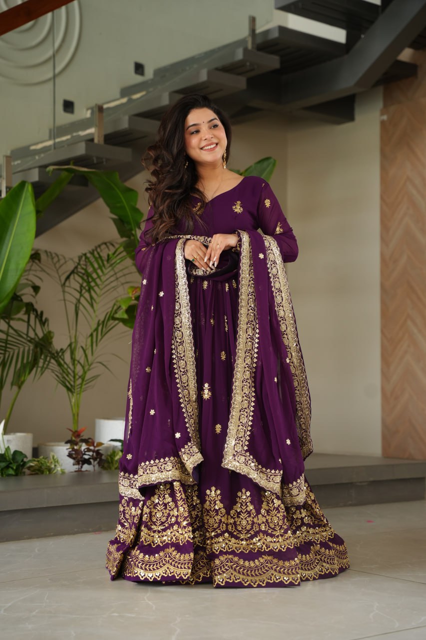 Premium Purple Faux Blooming Zari & Sequin Embroidered Gown with Dupatta
