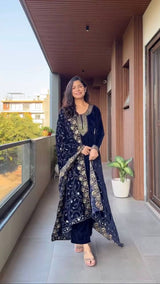 Designer Velvet Sequin Embroidered Suit Set with Dupatta