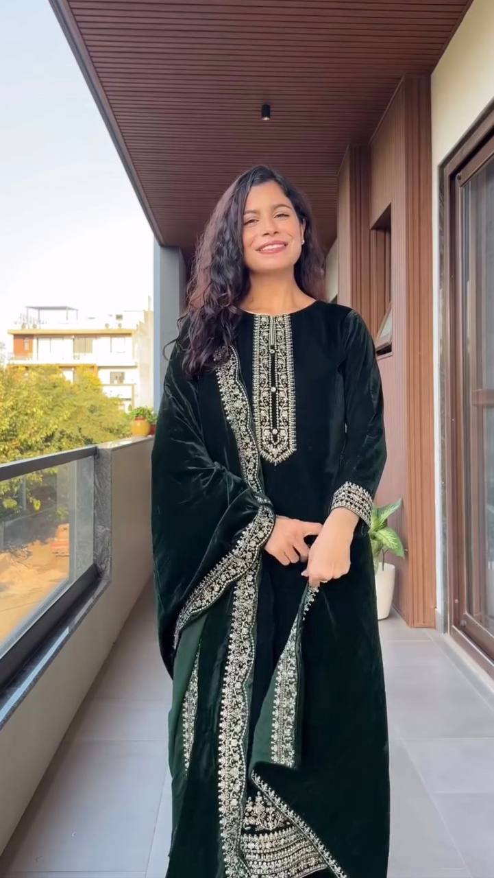 Designer Velvet Sequin Embroidered Suit Set with Dupatta