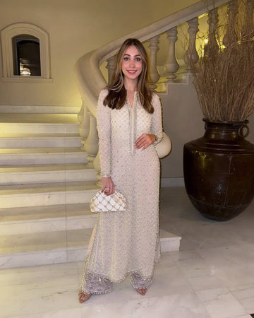 Designer Faux Georgette Sequin & Moti Embroidered Suit with Dupatta