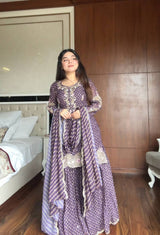 Elegance Printed Chinon Sharara Suit with Embroidery