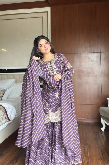 Elegance Printed Chinon Sharara Suit with Embroidery