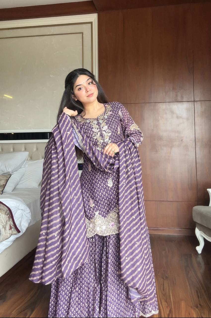 Elegance Printed Chinon Sharara Suit with Embroidery