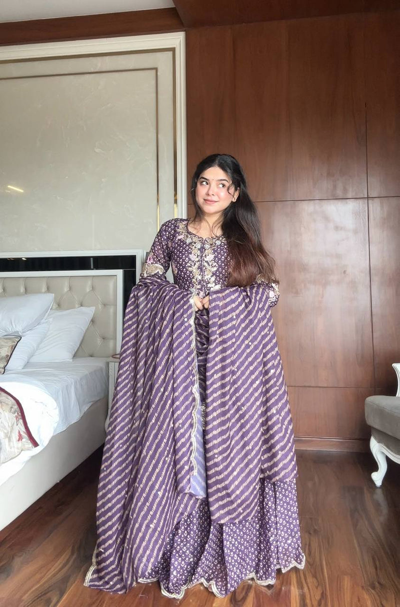 Elegance Printed Chinon Sharara Suit with Embroidery