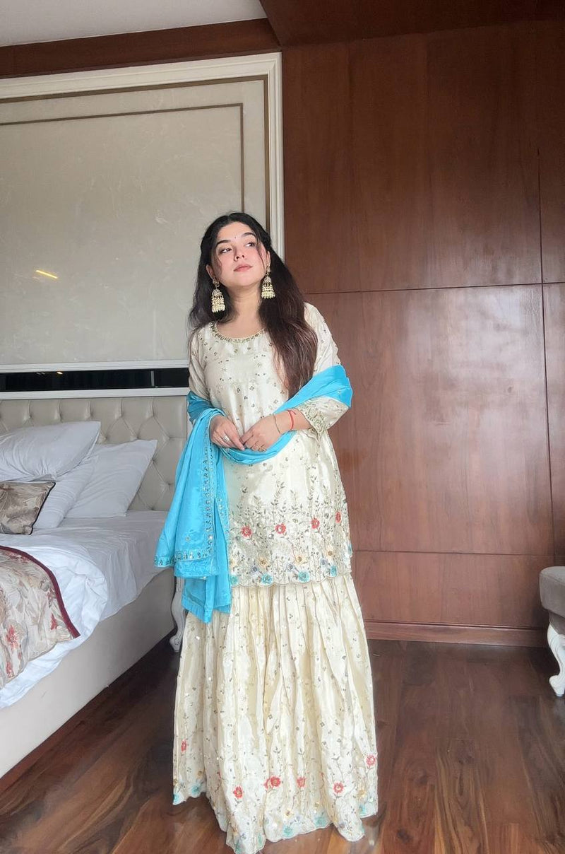 Ivory Chinon Sharara Set with Cyan Embroidered Dupatta