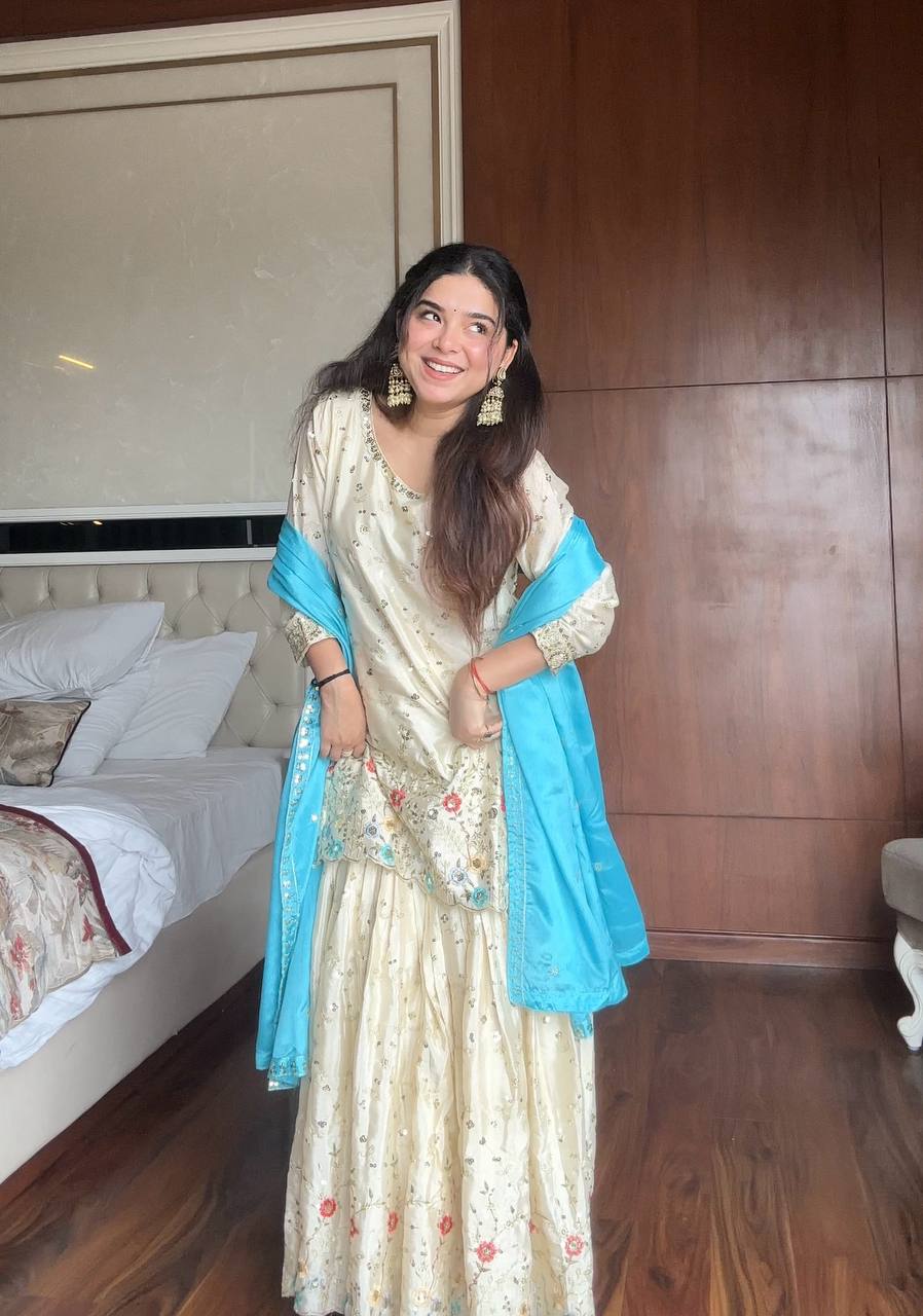 Ivory Chinon Sharara Set with Cyan Embroidered Dupatta