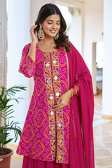 Premium Bandhani Print Kurti–Plazzo–Dupatta Set