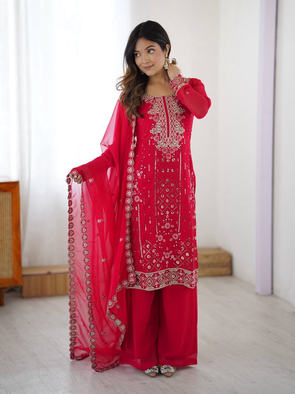 Faux Georgette Thread & Sequin Work Plazzo Suit Set with Dupatta