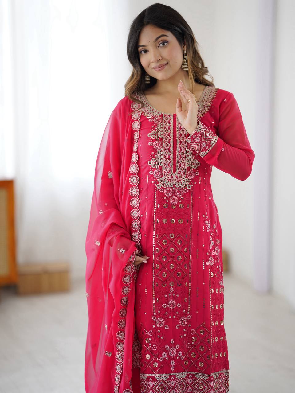 Faux Georgette Thread & Sequin Work Plazzo Suit Set with Dupatta