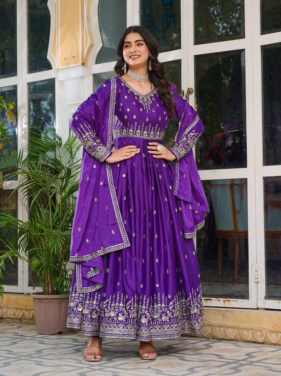 American Silk Gown Set with Pant & Dupatta