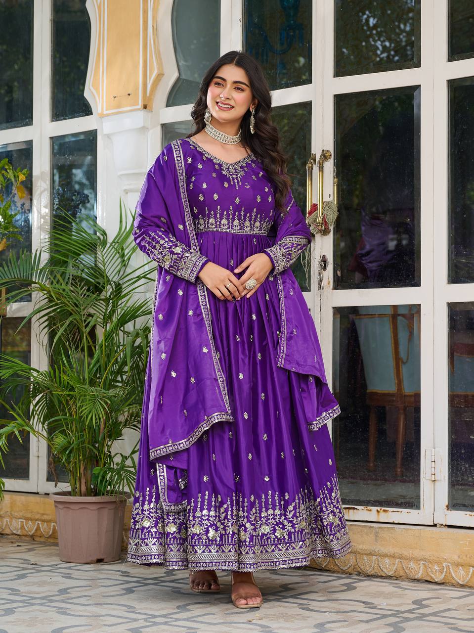 American Silk Gown Set with Pant & Dupatta